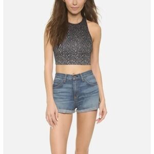 Rag & Bone JEAN Black White Chevron Speckled Sleeveless Crop Top Zip Back Size M